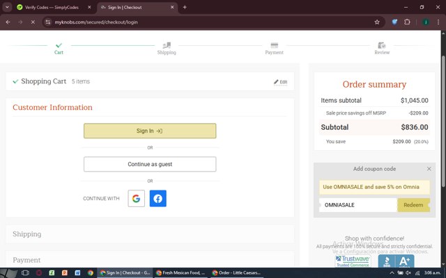 MyKnobs checkout page showing MyKnobs discount code box | Screenshot taken by SimplyCodes community member on Jun 28, 2025