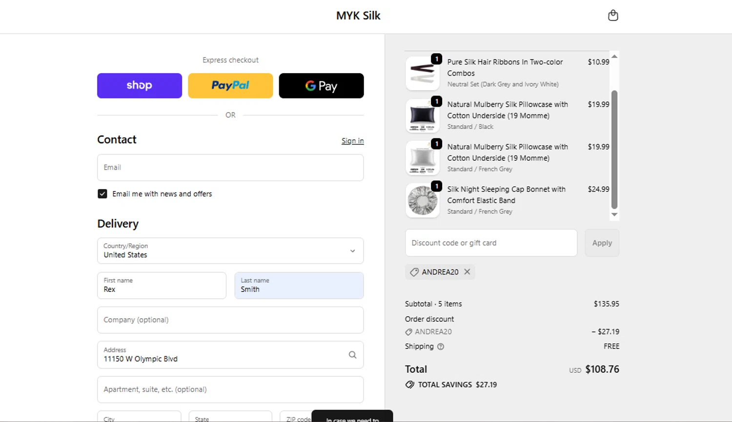 MYK Silk promo code screenshot showing code ANDREA20 applied at MYK Silk checkout page. Uploaded by SimplyCodes community member SweetJireh on Jun 6, 2026