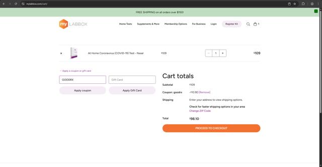 myLAB Box checkout page showing myLAB Box promo code box | Screenshot taken by SimplyCodes community member on Aug 16, 2025