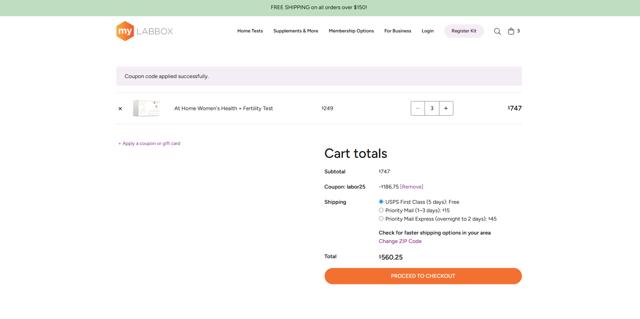 myLAB Box checkout page showing myLAB Box promo code box | Screenshot taken by SimplyCodes community member on Sep 1, 2025