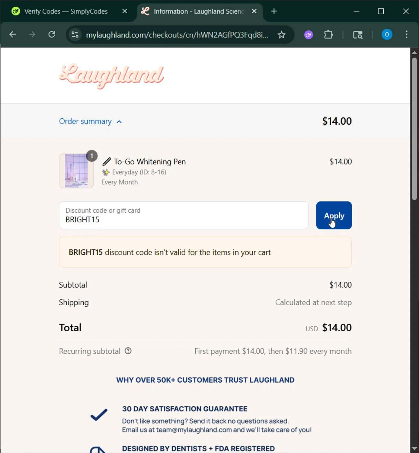 Laughland discount code screenshot showing code BRIGHT15 applied at Laughland checkout page. Uploaded by SimplyCodes community member GoldChaser6627 on Aug 24, 2025