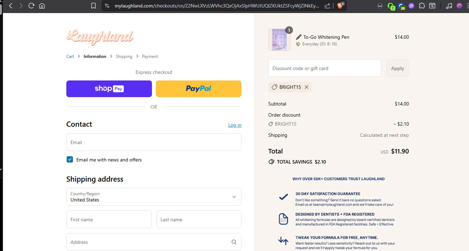 Laughland discount code screenshot showing code BRIGHT15 applied at Laughland checkout page. Uploaded by SimplyCodes community member Jmhernand1 on Jul 6, 2025