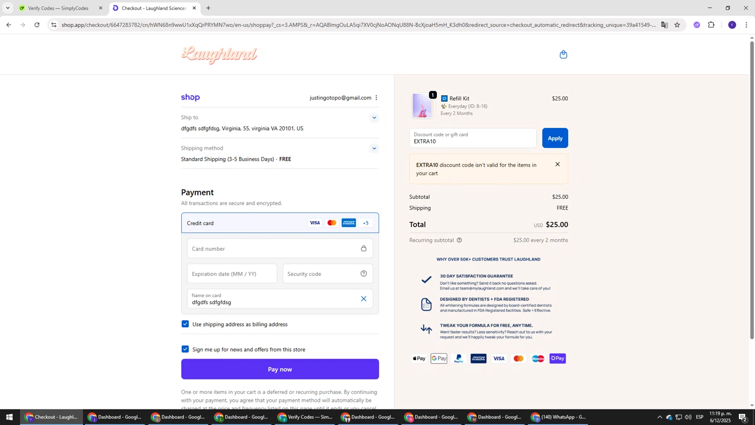 Laughland discount code screenshot showing code EXTRA10 applied at Laughland checkout page. Uploaded by SimplyCodes community member AberthGotopo on Dec 7, 2025