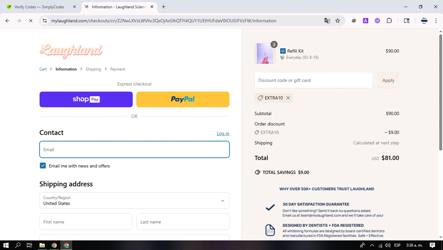 Laughland discount code screenshot showing code EXTRA10 applied at Laughland checkout page. Uploaded by SimplyCodes community member Heinsenberg on Jun 14, 2025