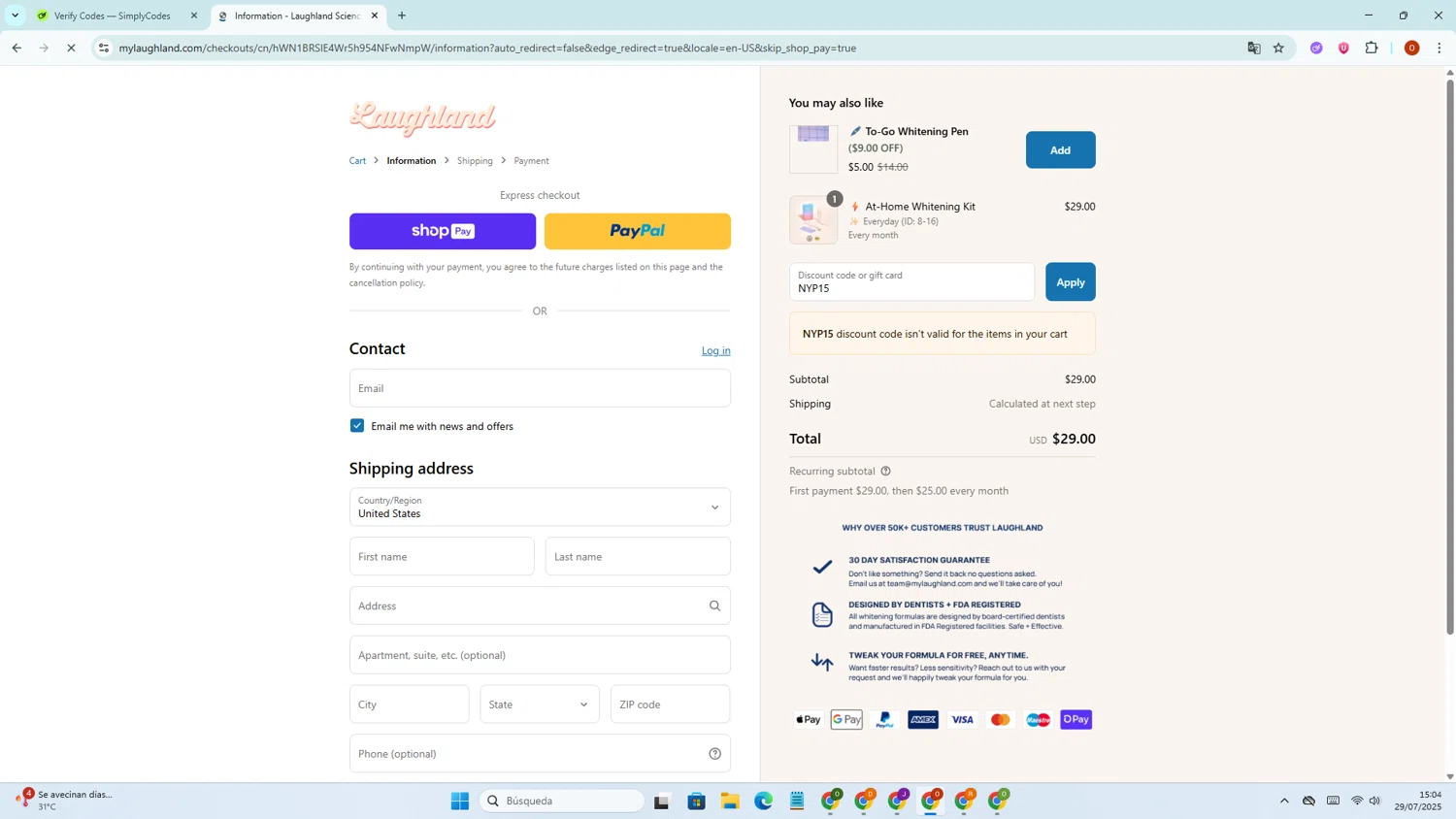 Laughland discount code screenshot showing code NYP15 applied at Laughland checkout page. Uploaded by SimplyCodes community member BudgetFinder1805 on Jul 29, 2025