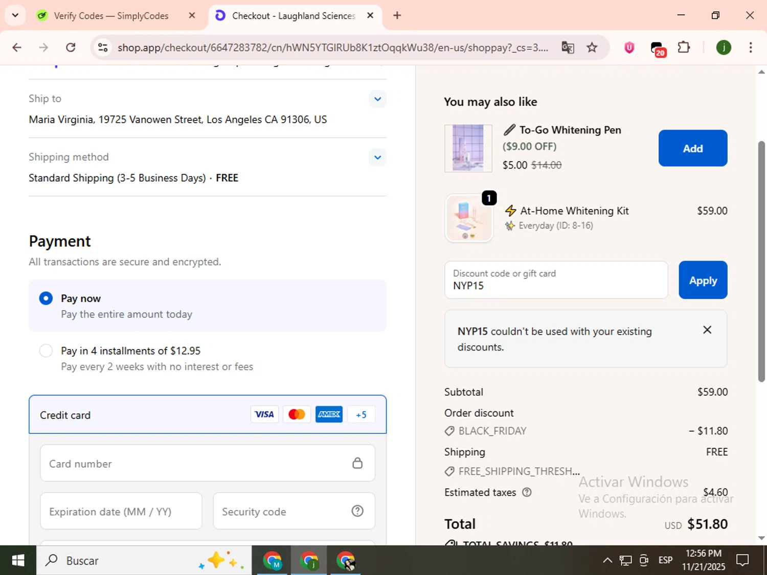 Laughland discount code screenshot showing code NYP15 applied at Laughland checkout page. Uploaded by SimplyCodes community member SavingsCollector2592 on Nov 21, 2025