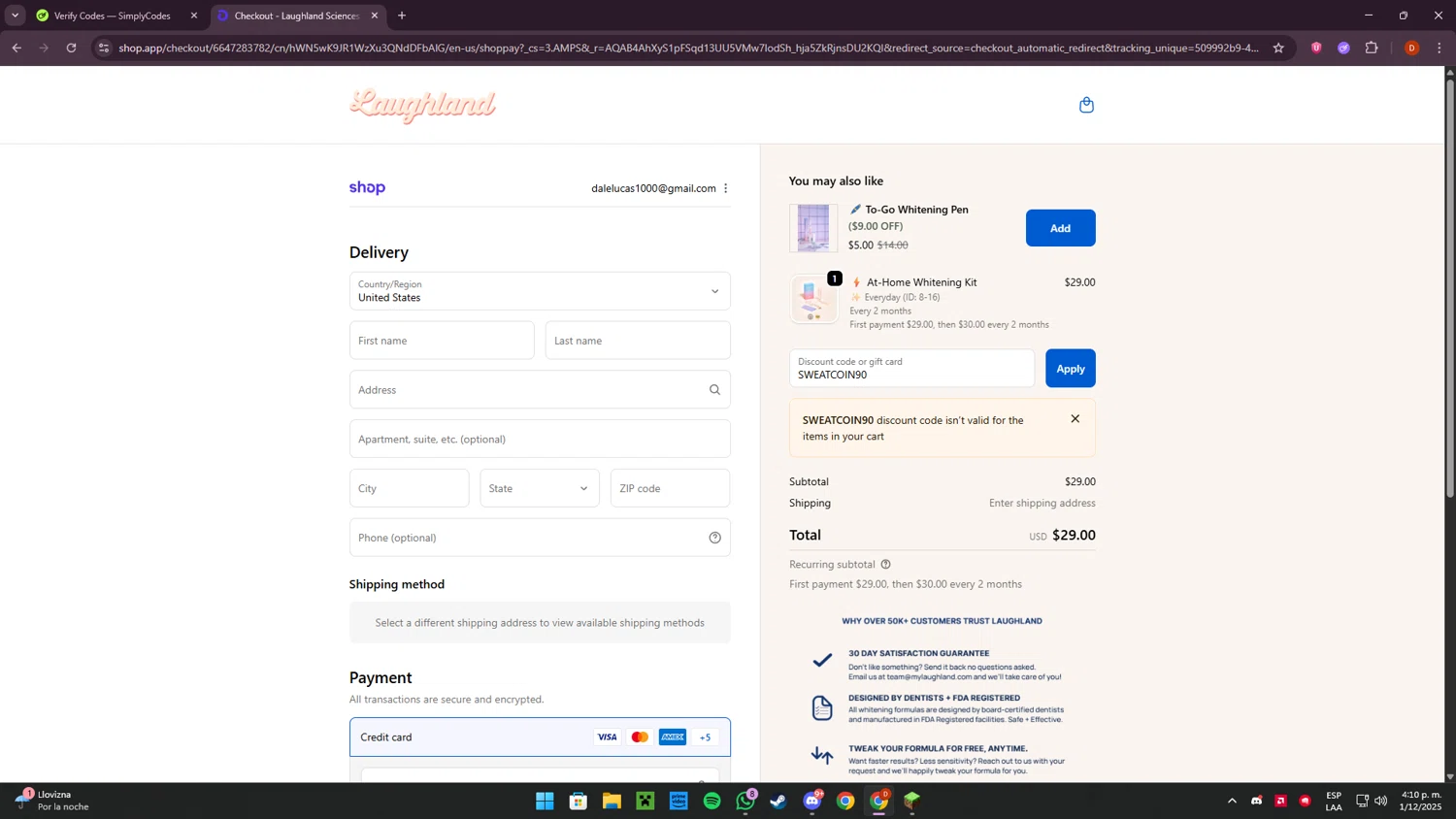 Laughland discount code screenshot showing code SWEATCOIN90 applied at Laughland checkout page. Uploaded by SimplyCodes community member LaCebolla on Dec 1, 2025