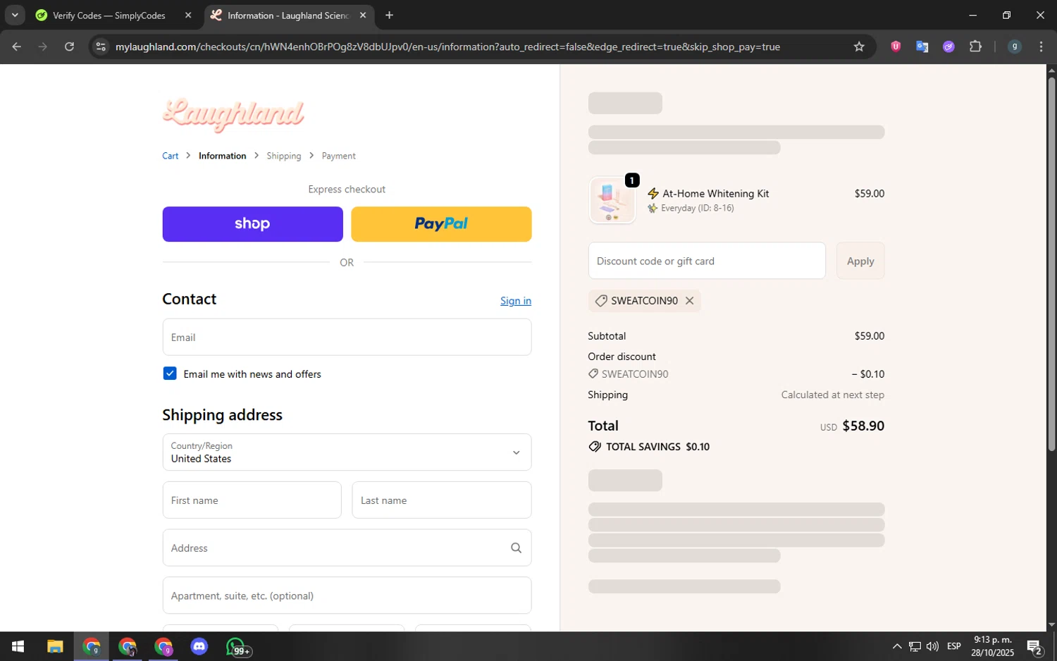 Laughland discount code screenshot showing code SWEATCOIN90 applied at Laughland checkout page. Uploaded by SimplyCodes community member youngchecker2 on Oct 29, 2025