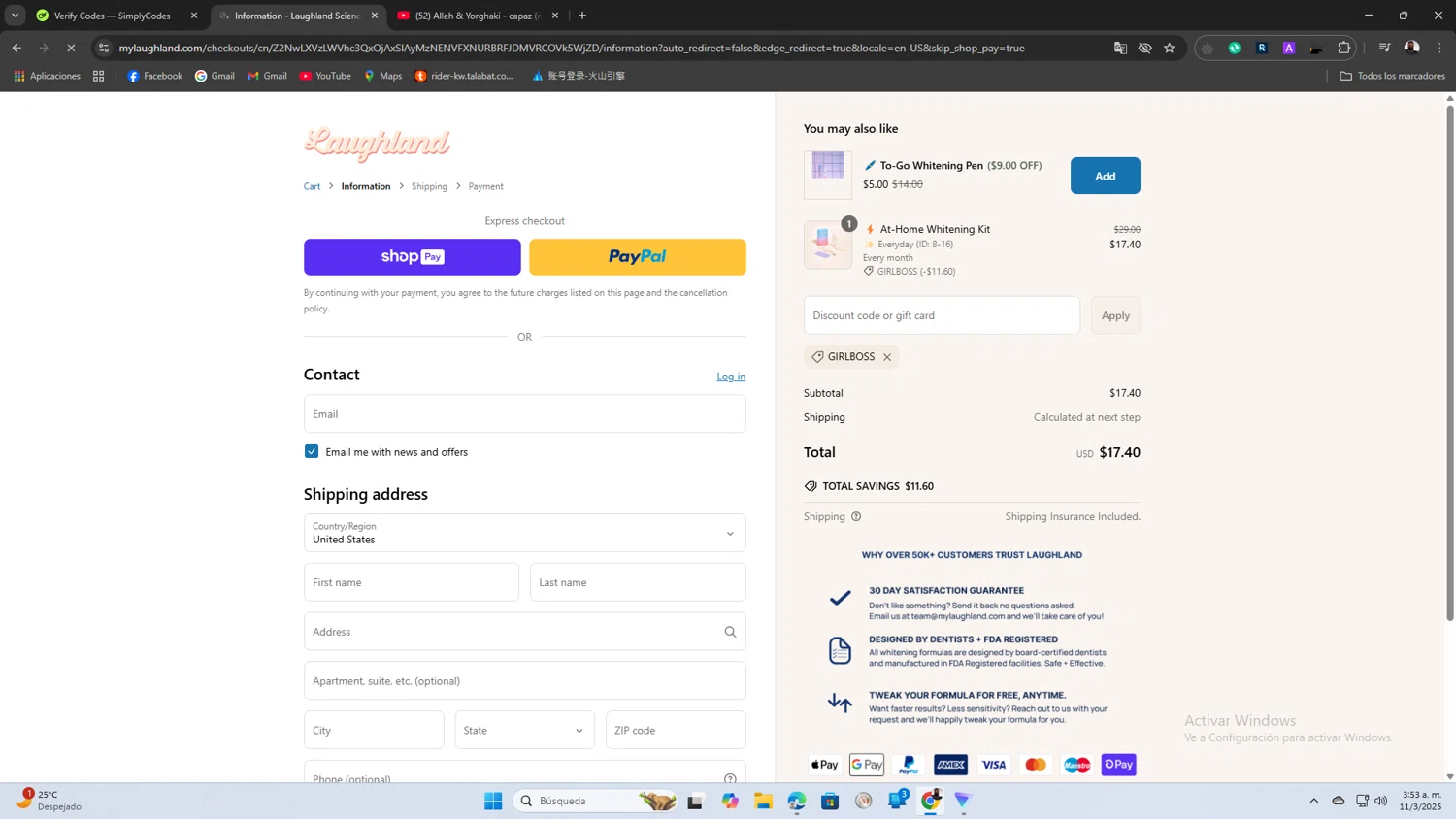 Laughland discount code screenshot showing code GIRLBOSS applied at Laughland checkout page. Uploaded by SimplyCodes community member SaleScout3344 on Mar 11, 2025