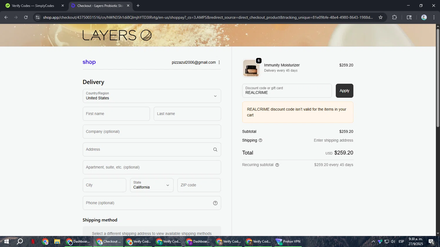 Layers discount code screenshot showing code REALCRIME applied at Layers checkout page. Uploaded by SimplyCodes community member ShrewdSeeker6165 on Sep 27, 2025