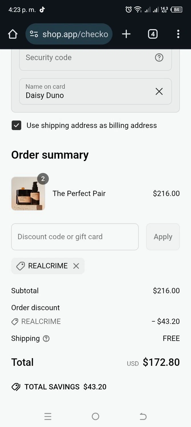 Layers discount code screenshot showing code REALCRIME applied at Layers checkout page. Uploaded by SimplyCodes community member Sashayprincesa on May 18, 2025