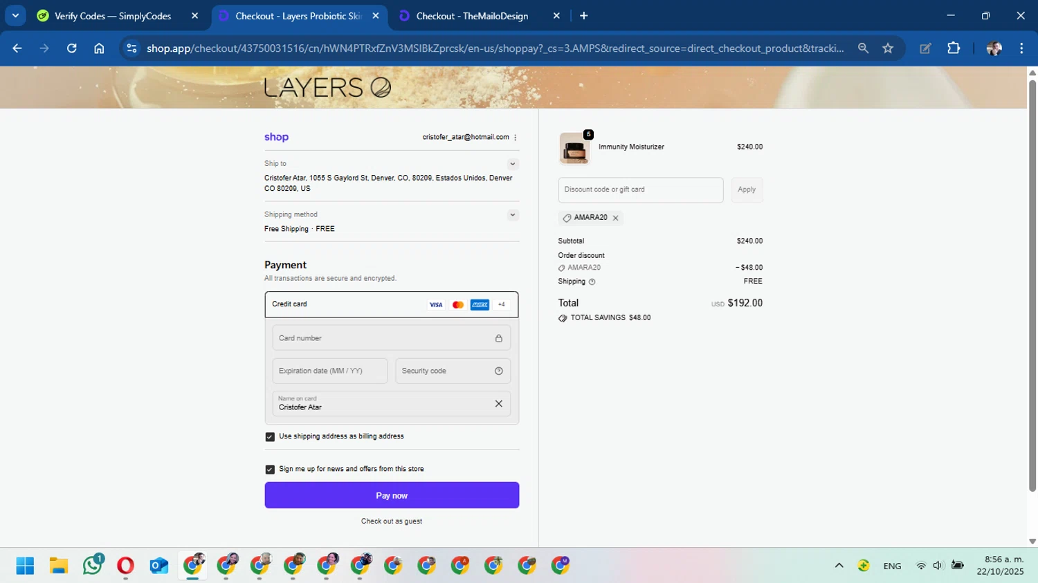 Layers discount code screenshot showing code AMARA20 applied at Layers checkout page. Uploaded by SimplyCodes community member DavidMGF on Oct 22, 2025