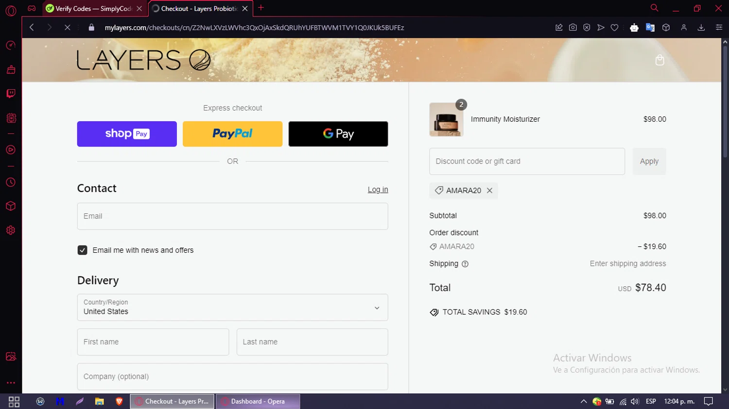 Layers discount code screenshot showing code AMARA20 applied at Layers checkout page. Uploaded by SimplyCodes community member MoneySentinel1166 on Jan 3, 2025