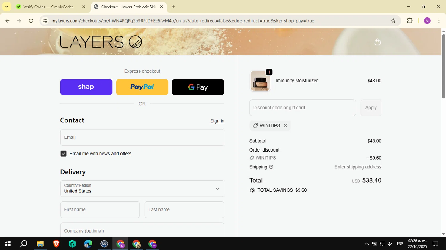 Layers discount code screenshot showing code WINITIPS applied at Layers checkout page. Uploaded by SimplyCodes community member NobleSeeker3177 on Oct 22, 2025