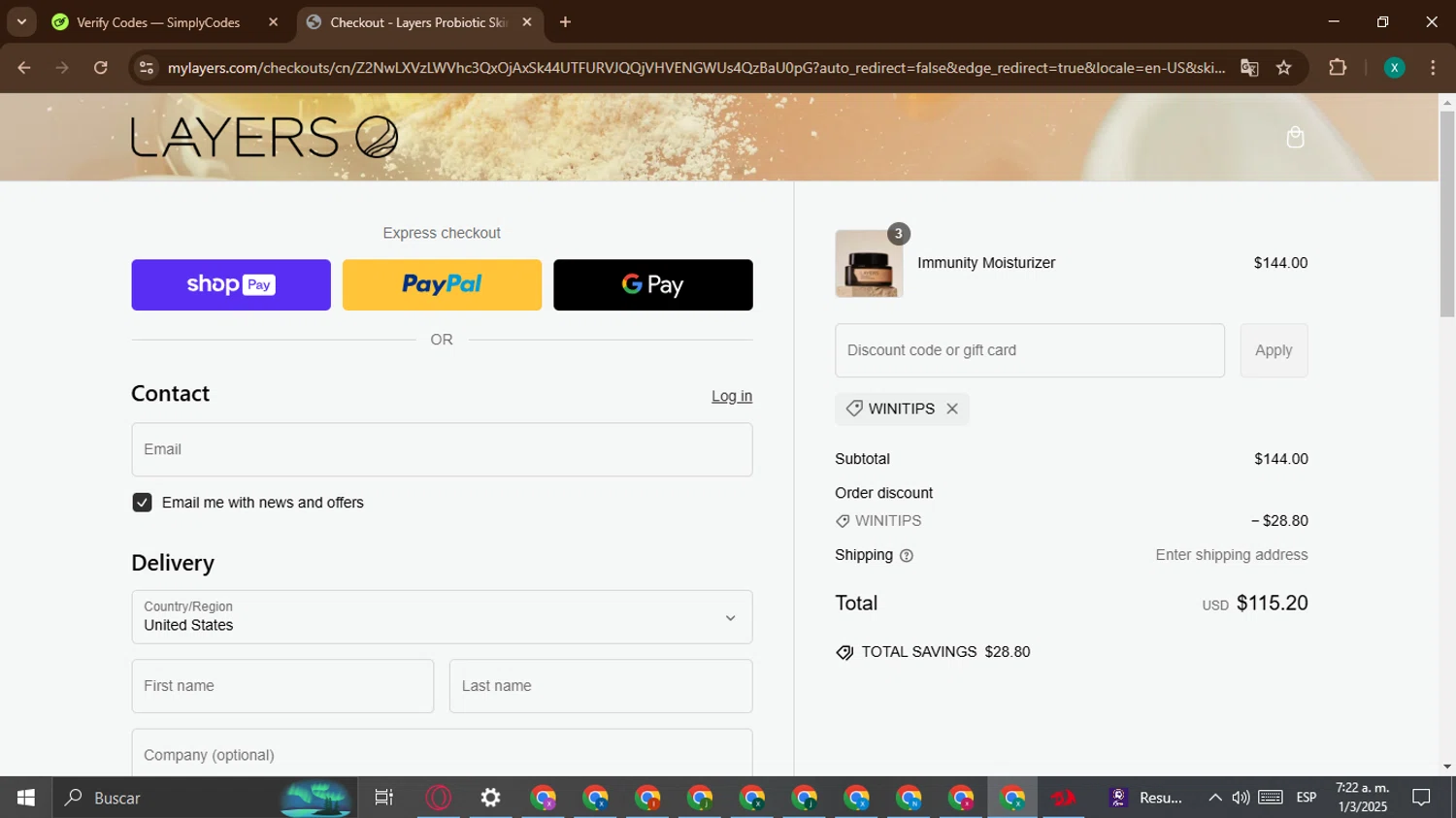 Layers discount code screenshot showing code WINITIPS applied at Layers checkout page. Uploaded by SimplyCodes community member BonusWarden6019 on Mar 1, 2025