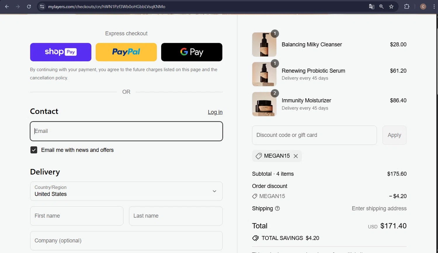 Layers discount code screenshot showing code MEGAN15 applied at Layers checkout page. Uploaded by SimplyCodes community member carlosra07 on Aug 4, 2025