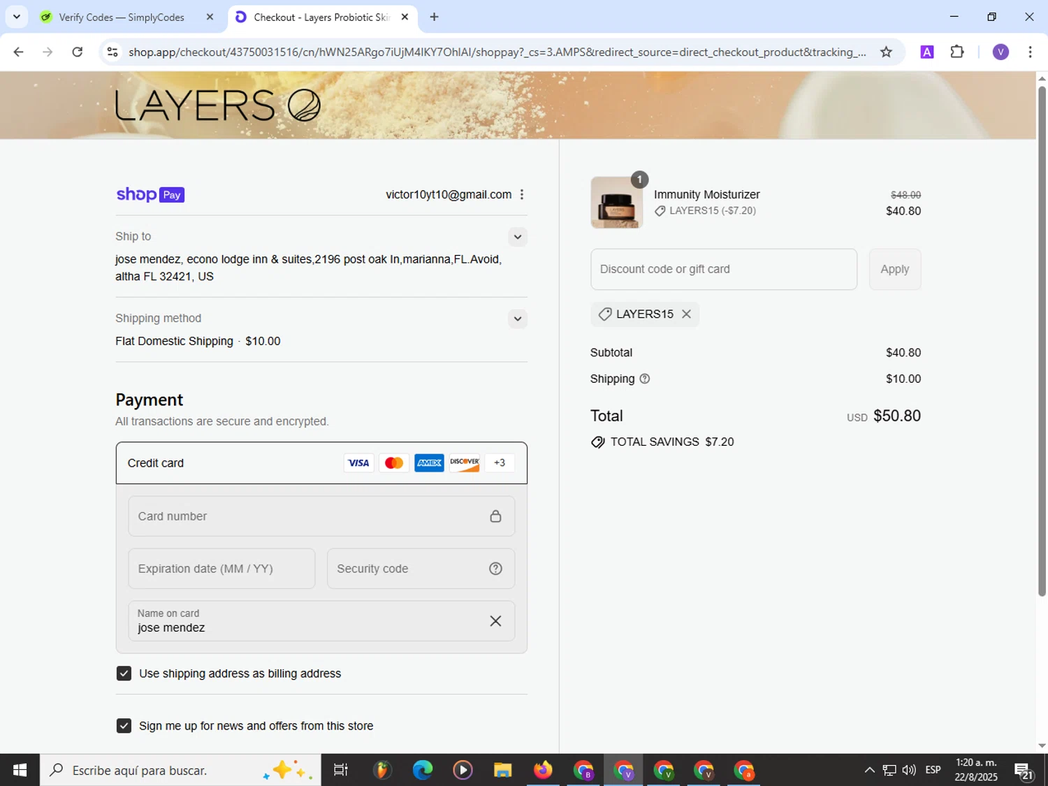 Layers discount code screenshot showing code LAYERS15 applied at Layers checkout page. Uploaded by SimplyCodes community member Satoru_gojo on Aug 22, 2025
