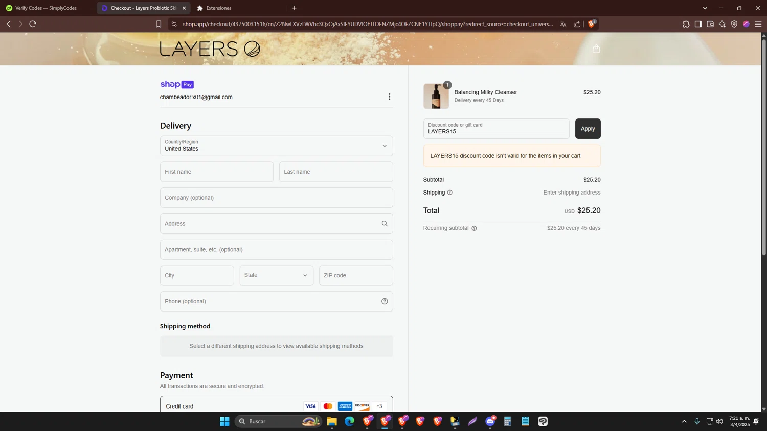 Layers discount code screenshot showing code LAYERS15 applied at Layers checkout page. Uploaded by SimplyCodes community member papa01 on Apr 3, 2025