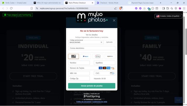 Mylio checkout page showing Mylio promo code box | Screenshot taken by SimplyCodes community member on Aug 27, 2025