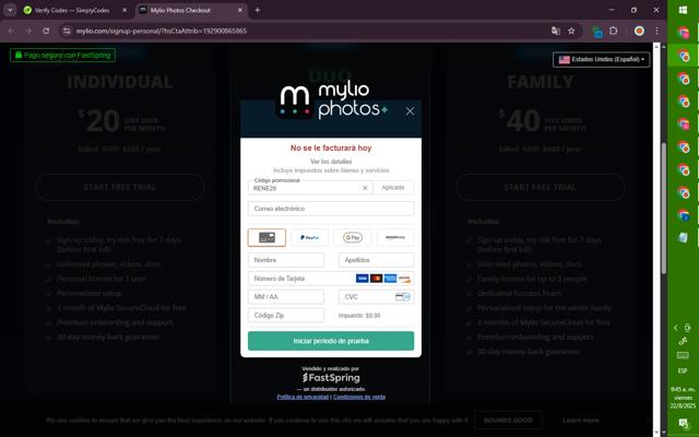 Mylio checkout page showing Mylio promo code box | Screenshot taken by SimplyCodes community member on Aug 22, 2025