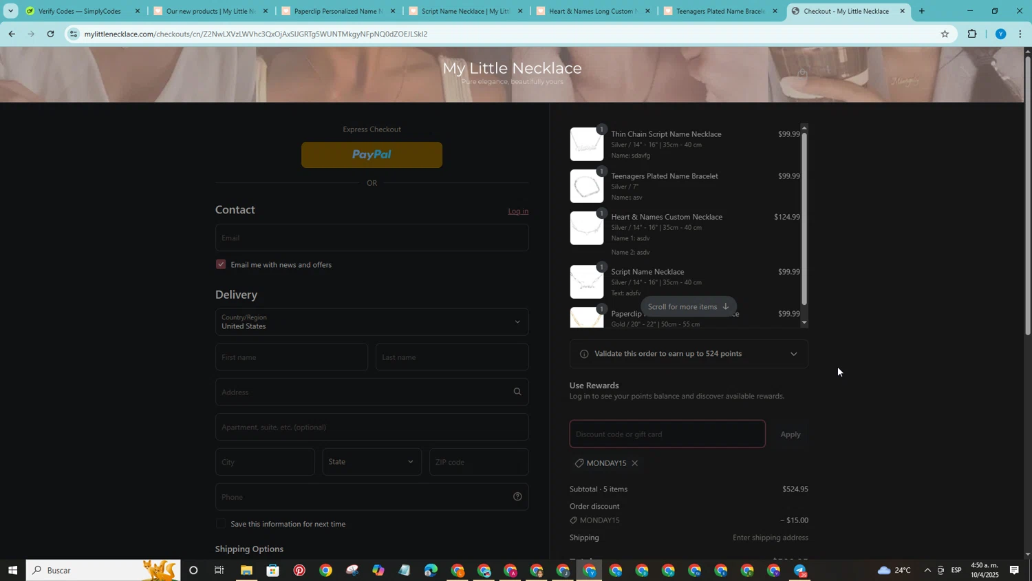 My Little Necklace promo code screenshot showing code MONDAY15 applied at My Little Necklace checkout page. Uploaded by SimplyCodes community member CodeWarden5915 on Apr 10, 2025