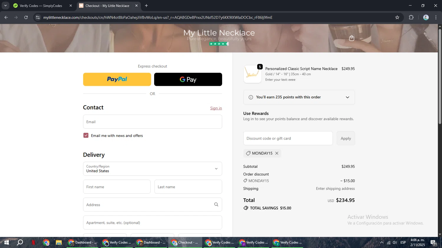 My Little Necklace promo code screenshot showing code MONDAY15 applied at My Little Necklace checkout page. Uploaded by SimplyCodes community member ShrewdSeeker6165 on Nov 2, 2025