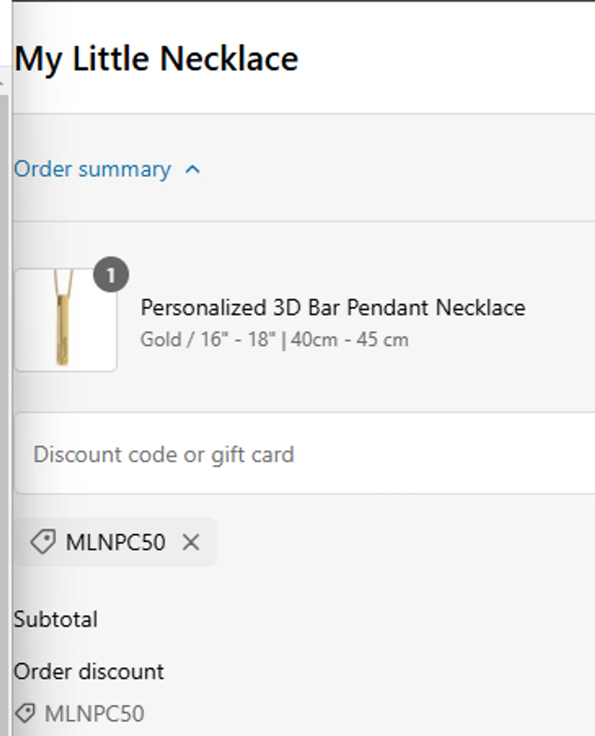 My Little Necklace promo code screenshot showing code MLNPC50 applied at My Little Necklace checkout page. Uploaded by SimplyCodes community member CleverLynx5188 on Feb 13, 2025