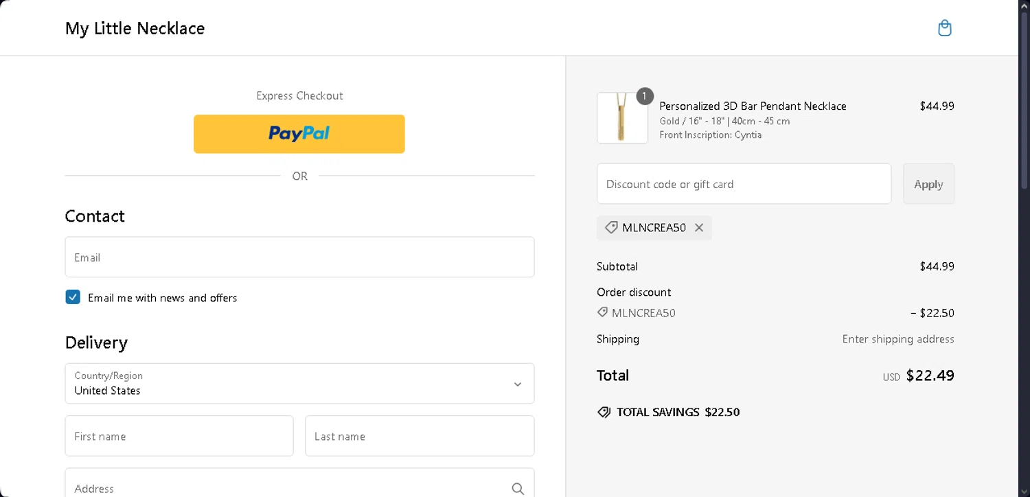 My Little Necklace promo code screenshot showing code MLNCREA50 applied at My Little Necklace checkout page. Uploaded by SimplyCodes community member Cintirivero on Feb 13, 2025