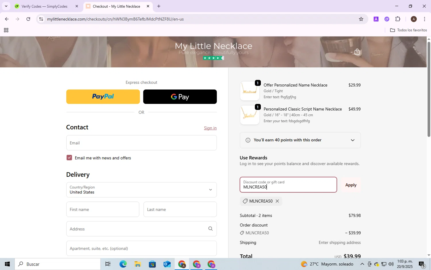 My Little Necklace promo code screenshot showing code MLNCREA50 applied at My Little Necklace checkout page. Uploaded by SimplyCodes community member SmartShopper4328 on Sep 20, 2025