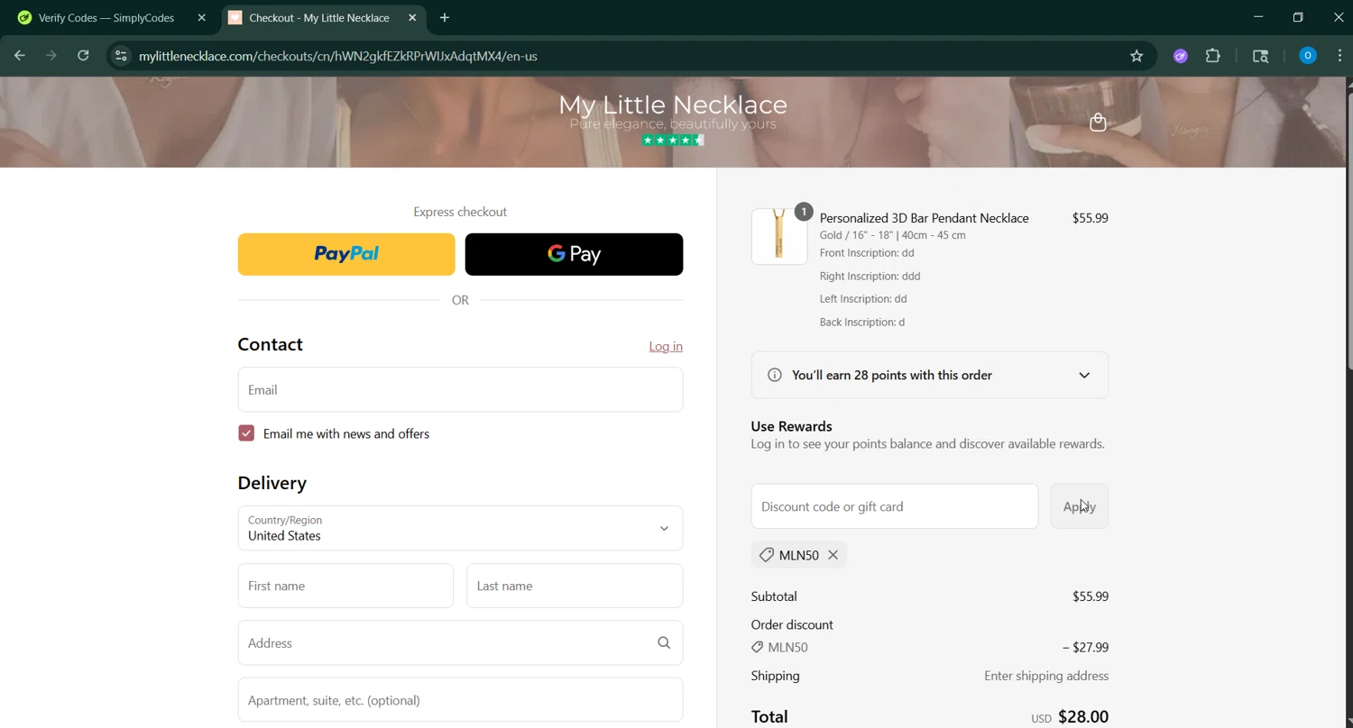 My Little Necklace promo code screenshot showing code MLN50 applied at My Little Necklace checkout page. Uploaded by SimplyCodes community member GoldAdmiral5202 on Sep 7, 2025