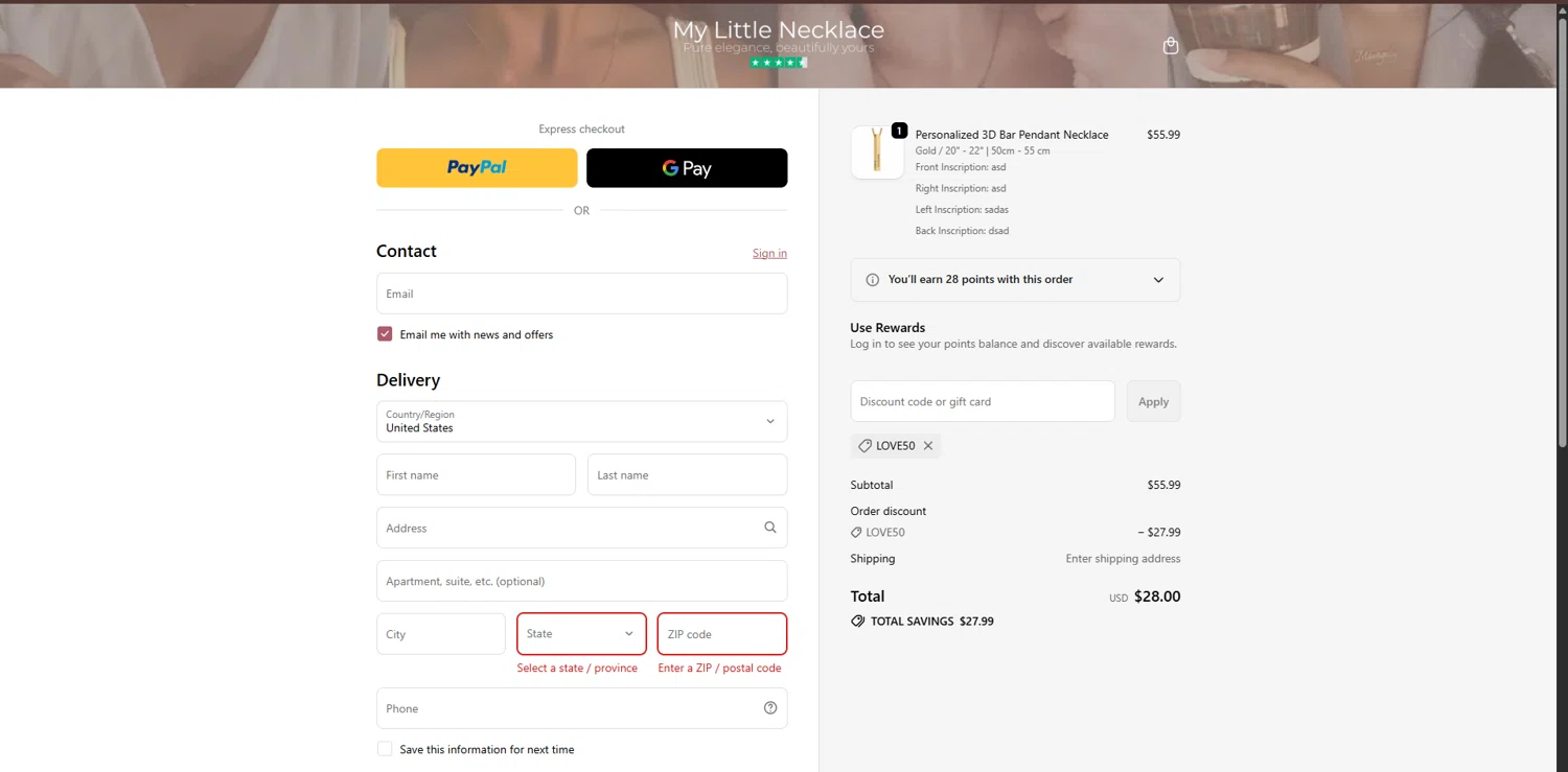 My Little Necklace promo code screenshot showing code love50 applied at My Little Necklace checkout page. Uploaded by SimplyCodes community member LegendaryCurator4133 on Sep 24, 2025