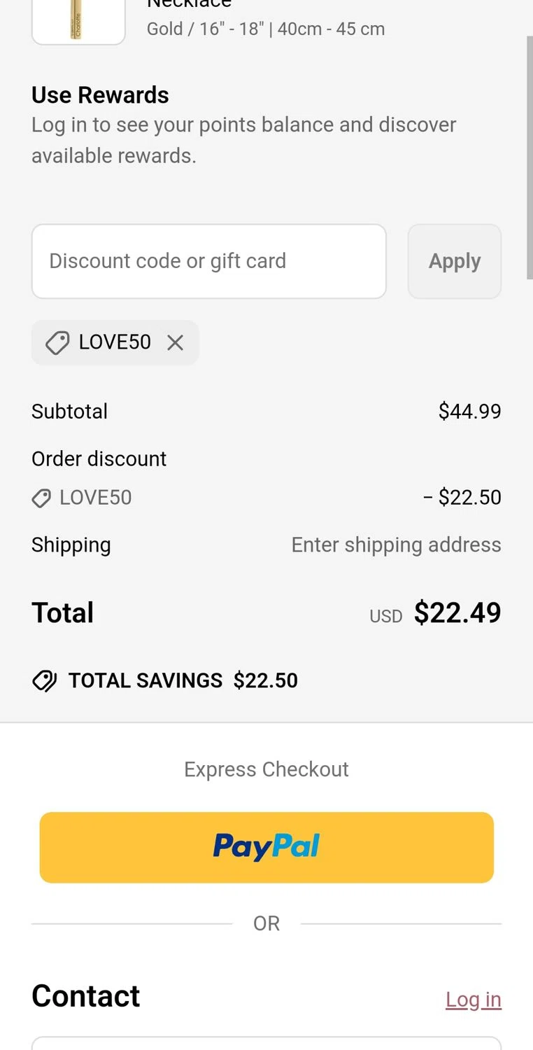 My Little Necklace promo code screenshot showing code love50 applied at My Little Necklace checkout page. Uploaded by SimplyCodes community member jhonaikellgonzalez on Apr 3, 2025