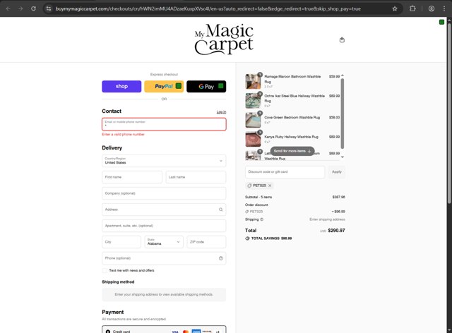 My Magic Carpet checkout page showing My Magic Carpet discount code box | Screenshot taken by SimplyCodes community member on Sep 8, 2025
