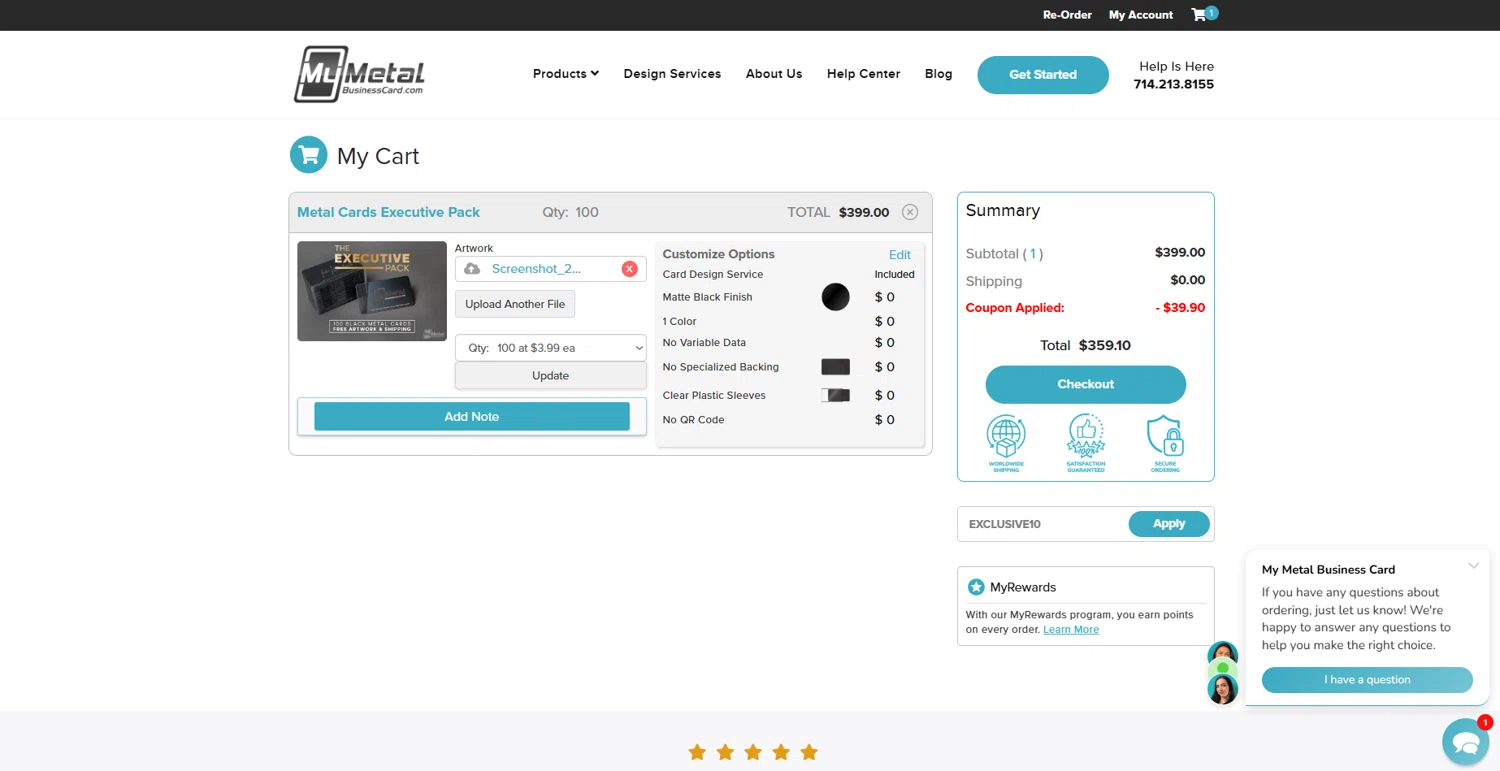 My Metal Business Card promo code screenshot showing code EXCLUSIVE10 applied at My Metal Business Card checkout page. Uploaded by SimplyCodes community member WonderGuardian4443 on May 10, 2025