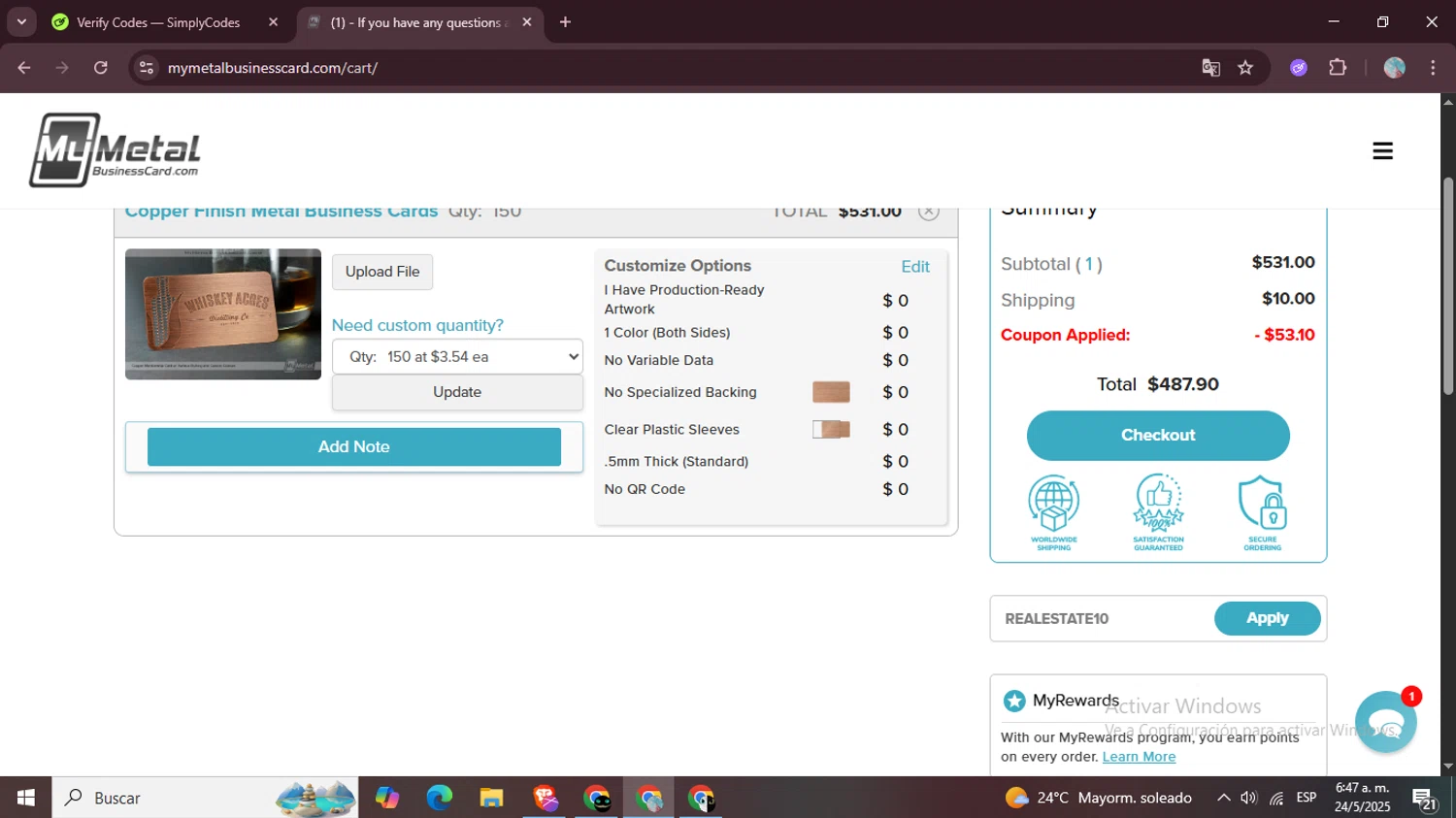 My Metal Business Card promo code screenshot showing code REALESTATE10 applied at My Metal Business Card checkout page. Uploaded by SimplyCodes community member LegendaryPro7106 on May 24, 2025