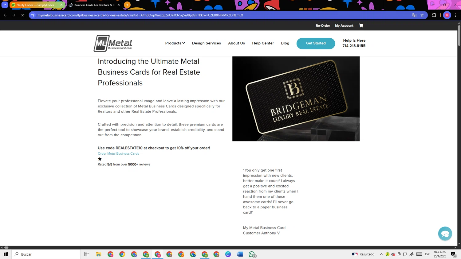 My Metal Business Card promo code screenshot showing code REALESTATE10 applied at My Metal Business Card checkout page. Uploaded by SimplyCodes community member TokenSleuth5758 on Apr 25, 2025