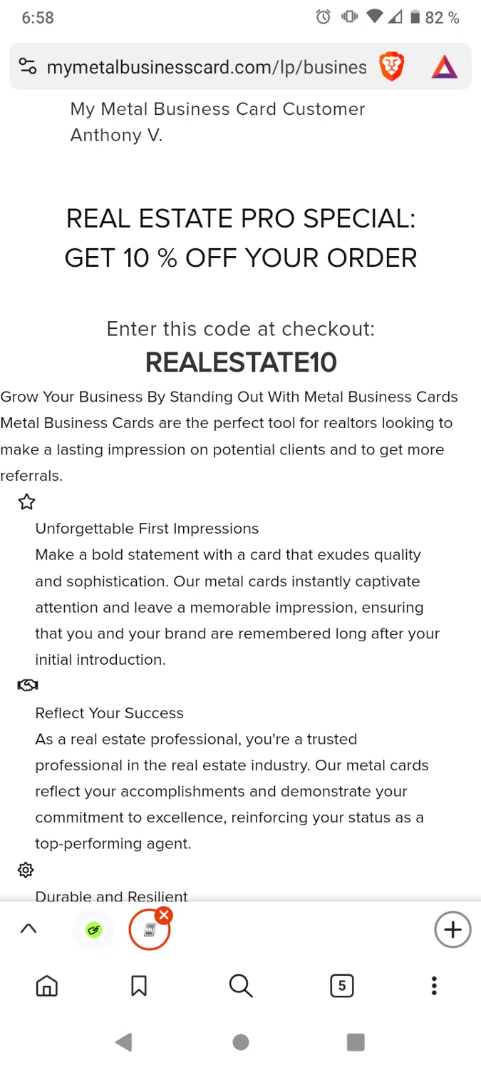 My Metal Business Card promo code screenshot showing code REALESTATE10 applied at My Metal Business Card checkout page. Uploaded by SimplyCodes community member victor on Mar 27, 2025
