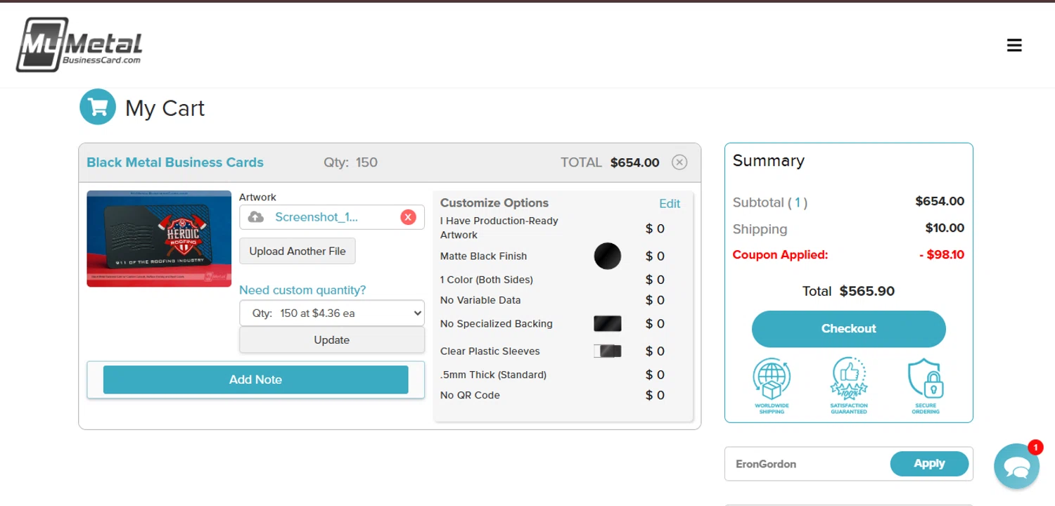 My Metal Business Card promo code screenshot showing code EronGordon applied at My Metal Business Card checkout page. Uploaded by SimplyCodes community member juanisaac on May 24, 2025