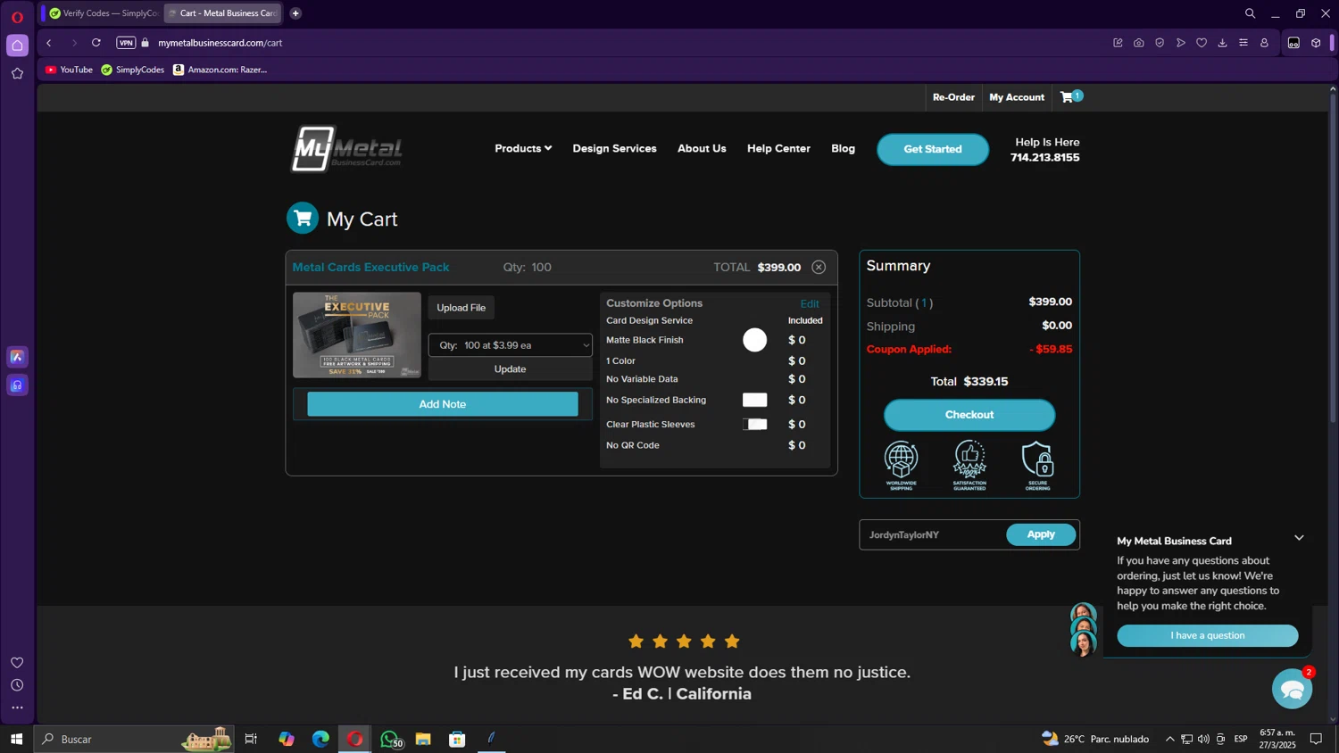My Metal Business Card promo code screenshot showing code JordynTaylorNY applied at My Metal Business Card checkout page. Uploaded by SimplyCodes community member Gojira on Mar 27, 2025