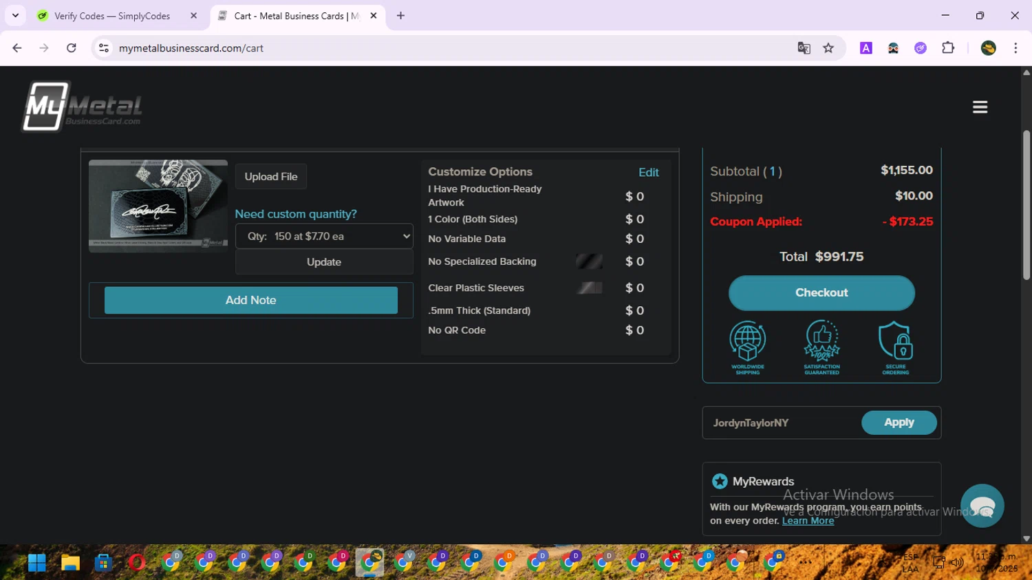 My Metal Business Card promo code screenshot showing code JordynTaylorNY applied at My Metal Business Card checkout page. Uploaded by SimplyCodes community member RewardNavigator9728 on Jul 11, 2025