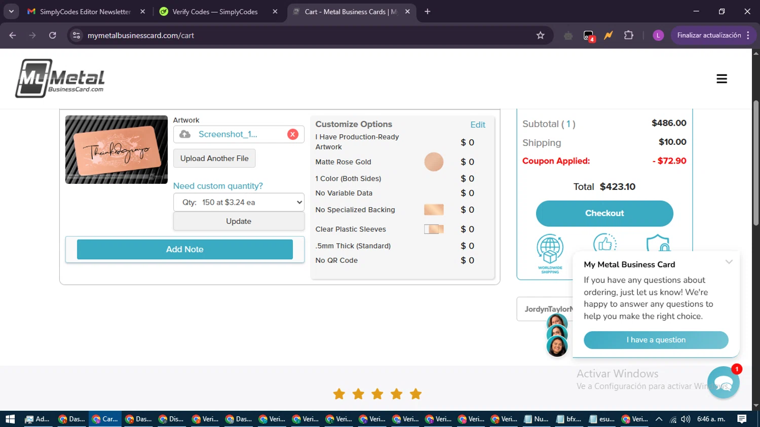 My Metal Business Card promo code screenshot showing code JordynTaylorNY applied at My Metal Business Card checkout page. Uploaded by SimplyCodes community member RewardScout5160 on Apr 25, 2025