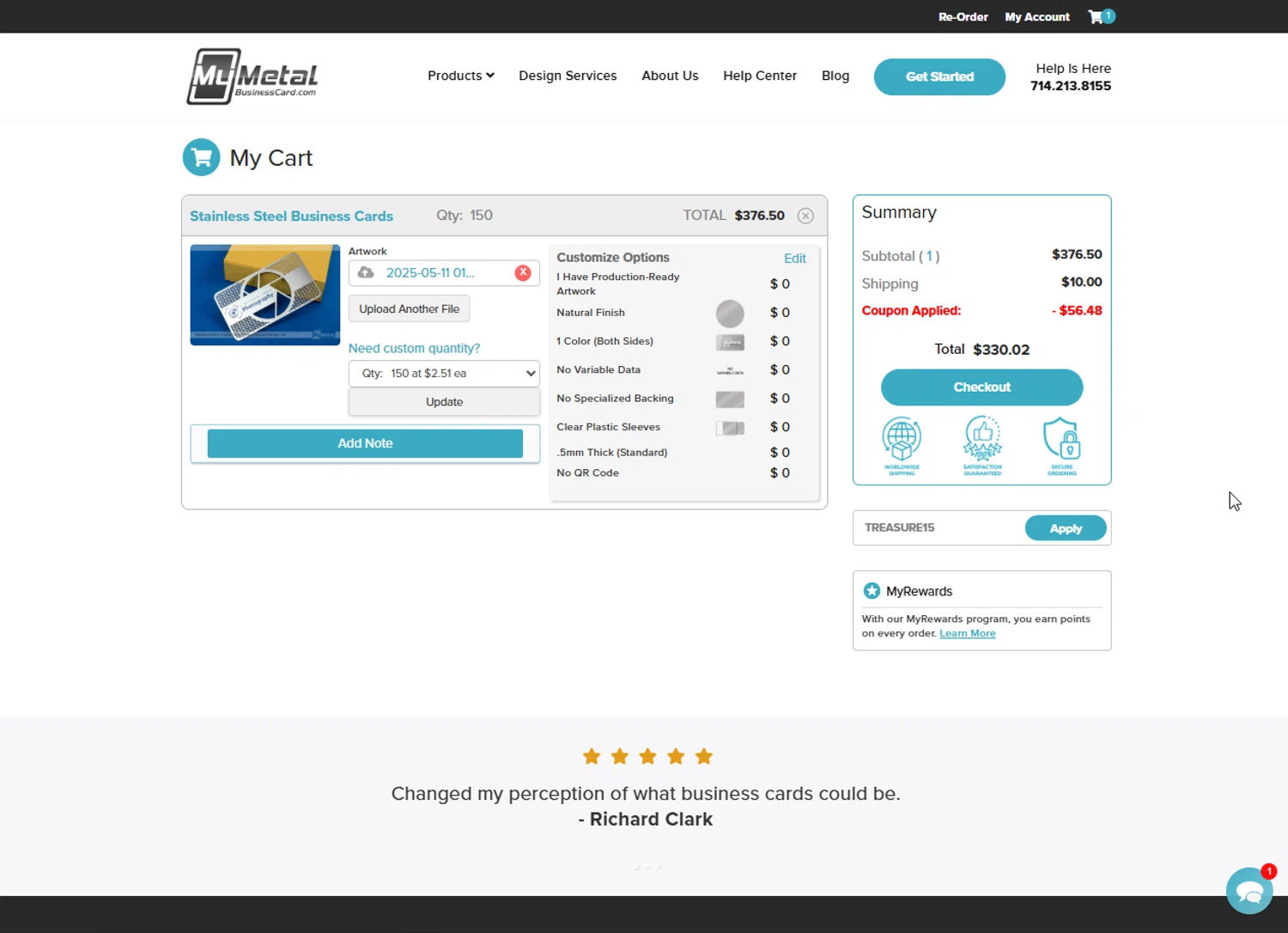 My Metal Business Card promo code screenshot showing code TREASURE15 applied at My Metal Business Card checkout page. Uploaded by SimplyCodes community member Hei201 on May 11, 2025