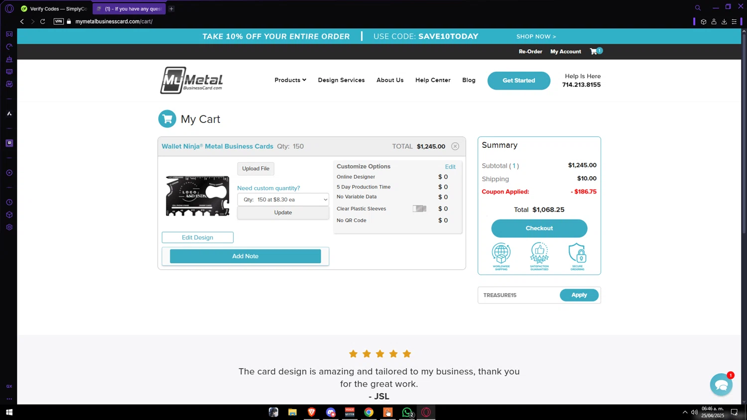 My Metal Business Card promo code screenshot showing code TREASURE15 applied at My Metal Business Card checkout page. Uploaded by SimplyCodes community member Vipera on Apr 25, 2025