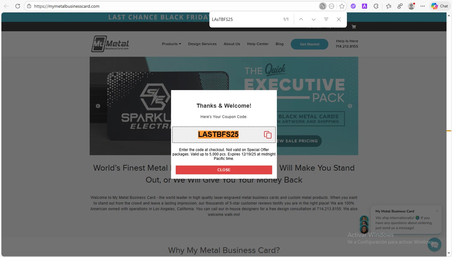 My Metal Business Card checkout page showing My Metal Business Card promo code box | Screenshot taken by SimplyCodes community member on Dec 15, 2025