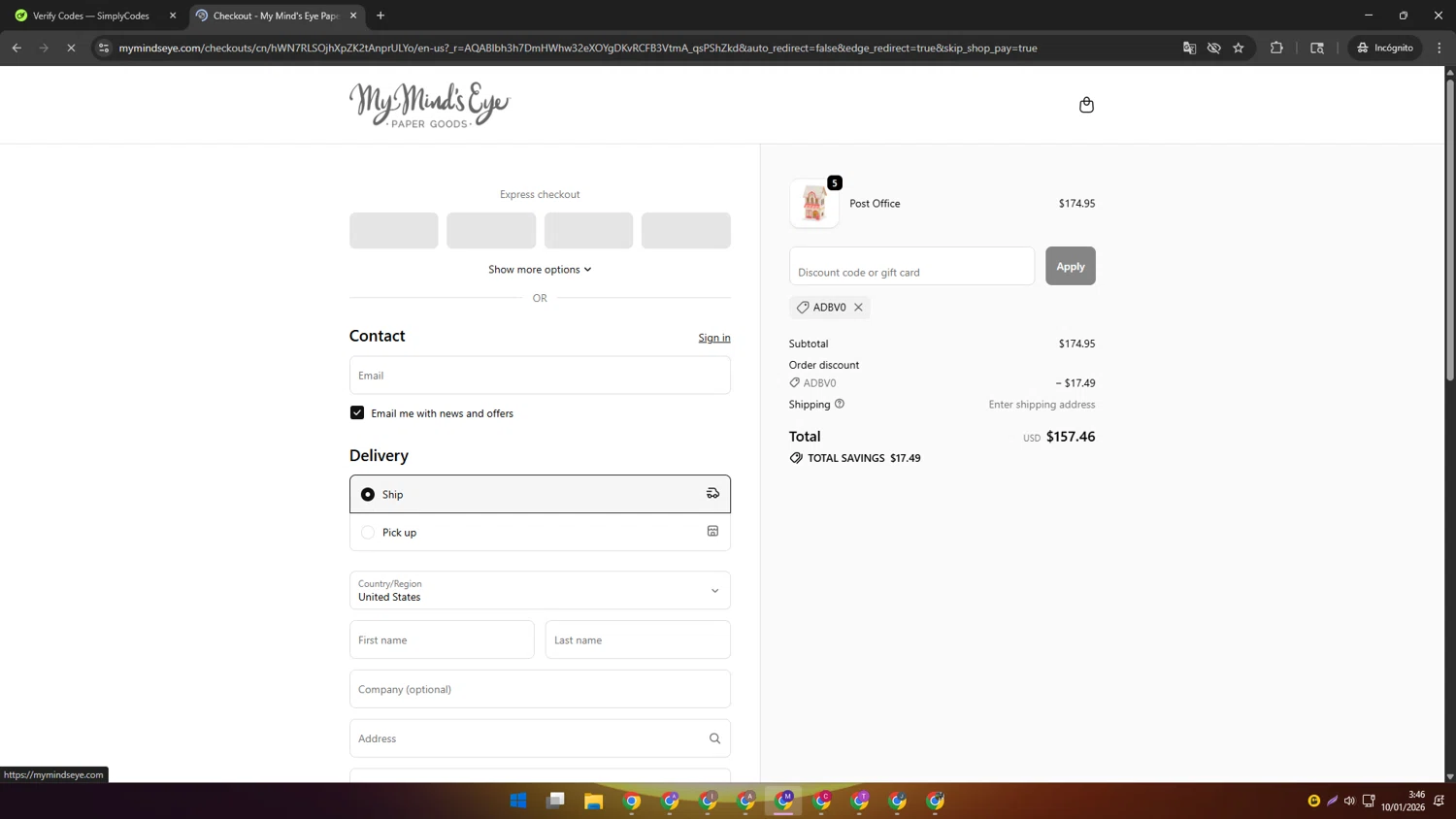 My Mind's Eye checkout page showing My Mind's Eye coupon code box | Screenshot taken by SimplyCodes community member on Jan 10, 2026