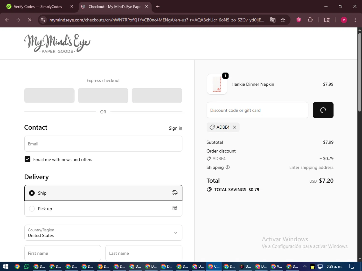 My Mind's Eye checkout page showing My Mind's Eye coupon code box | Screenshot taken by SimplyCodes community member on Jan 10, 2026