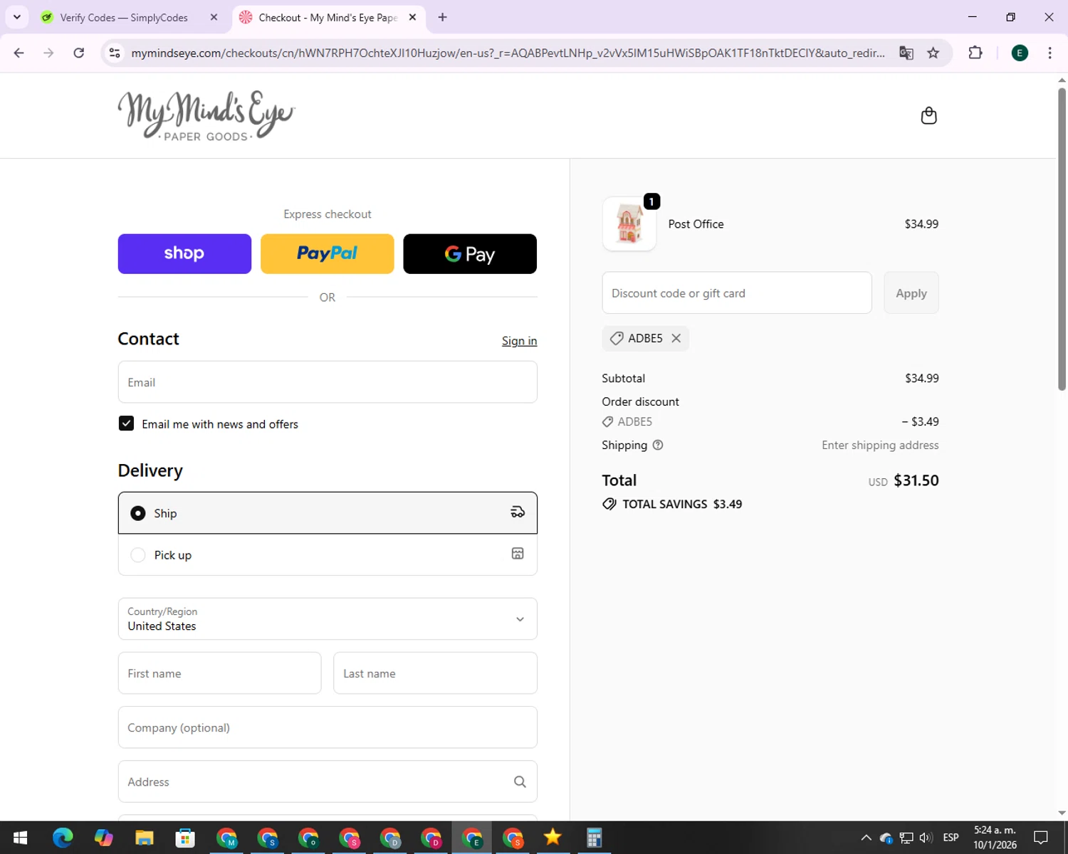 My Mind's Eye checkout page showing My Mind's Eye coupon code box | Screenshot taken by SimplyCodes community member on Jan 10, 2026