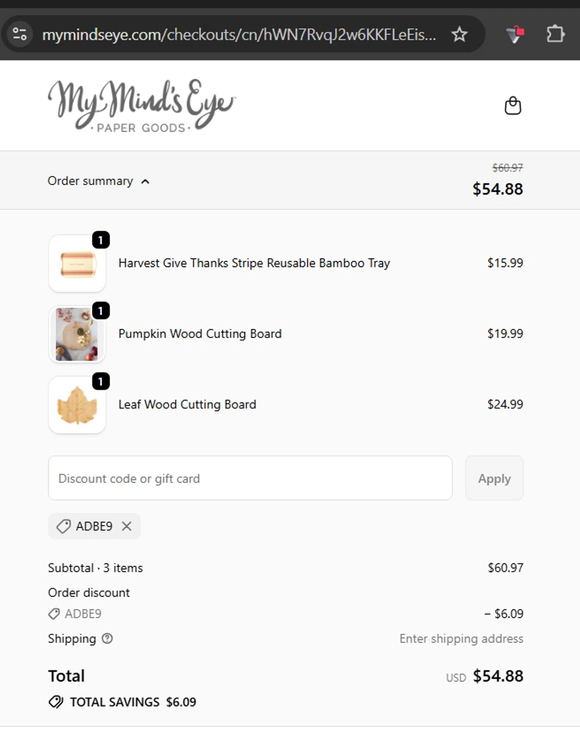 My Mind's Eye checkout page showing My Mind's Eye coupon code box | Screenshot taken by SimplyCodes community member on Jan 10, 2026