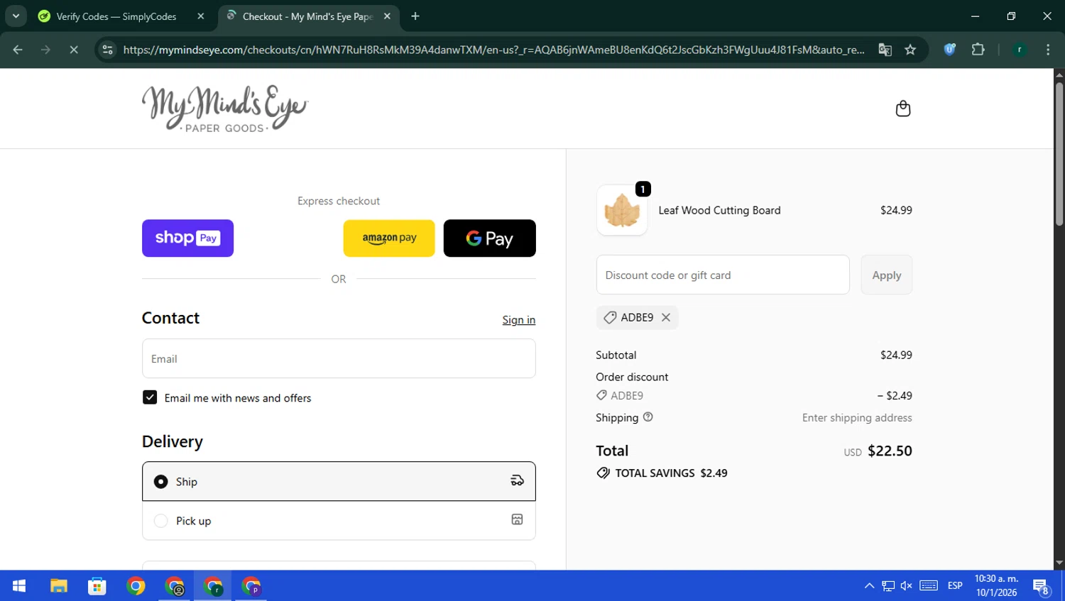 My Mind's Eye coupon code screenshot showing code ADBE9 applied at My Mind's Eye checkout page. Uploaded by SimplyCodes community member rodri1 on Jan 10, 2026