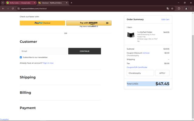 My Music Folders checkout page showing My Music Folders promo code box | Screenshot taken by SimplyCodes community member on Mar 5, 2025